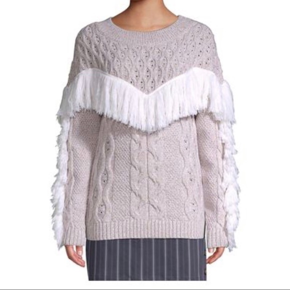Amur Ulla Fringe Cable Merino Wool Round Neck Sweater Small Cream Pink Winter - Picture 2 of 6